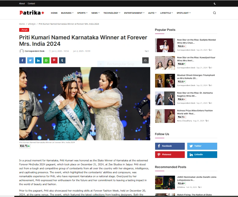 Priti Kumari Named Karnataka Winner at Forever Mrs. India 2024 - Patrika Plus