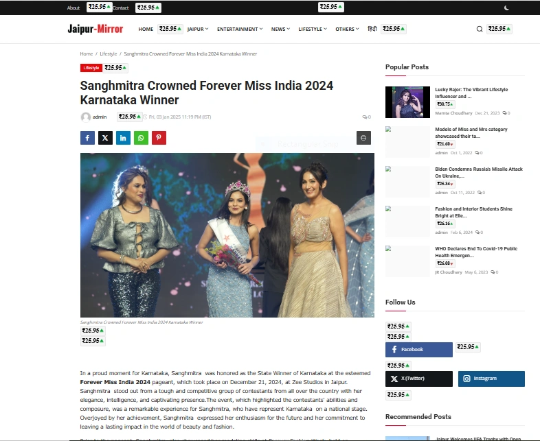 Sanghmitra Crowned Forever Miss India 2024 Karnataka Winner - Jaipur-Mirror