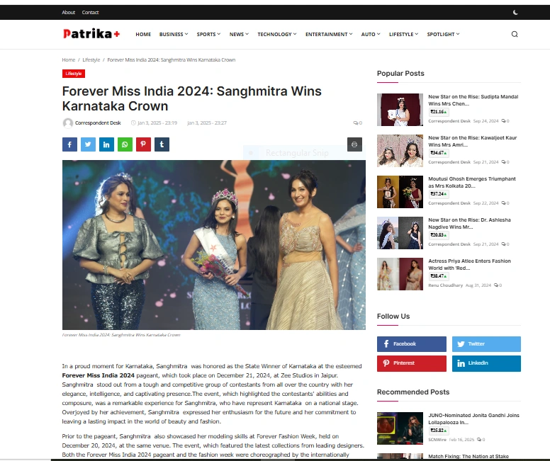 Forever Miss India 2024: Sanghmitra Wins Karnataka Crown - Patrika Plus