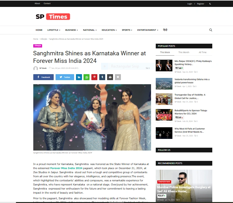 Sanghmitra Shines as Karnataka Winner at Forever Miss India 2024 - SP Times