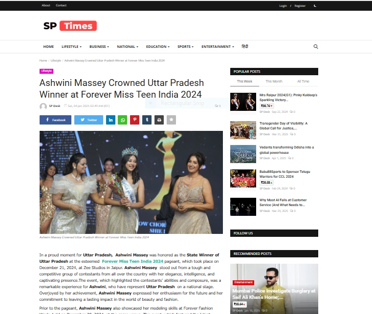 Ashwini Massey Crowned Uttar Pradesh Winner at Forever Miss Teen India 2024 - SP Times