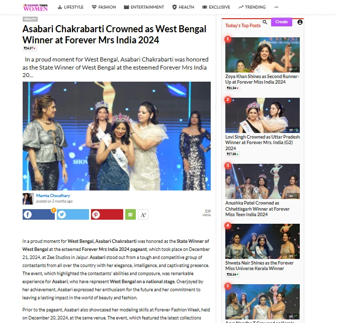 Asabari Chakrabarti Crowned as West Bengal Winner at Forever Mrs India 2024 | Sangri Times Women