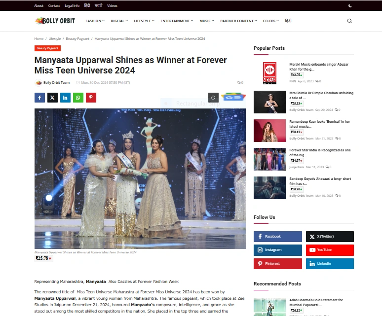Manyaata Upparwal Shines as Winner at Forever Miss Teen Universe 2024 - Bolly Orbit