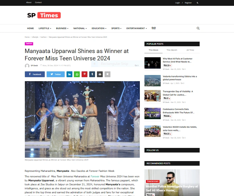 Manyaata Upparwal Shines as Winner at Forever Miss Teen Universe 2024 - SP Times
