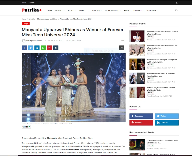 Manyaata Upparwal Shines as Winner at Forever Miss Teen Universe 2024 - Patrika Plus
