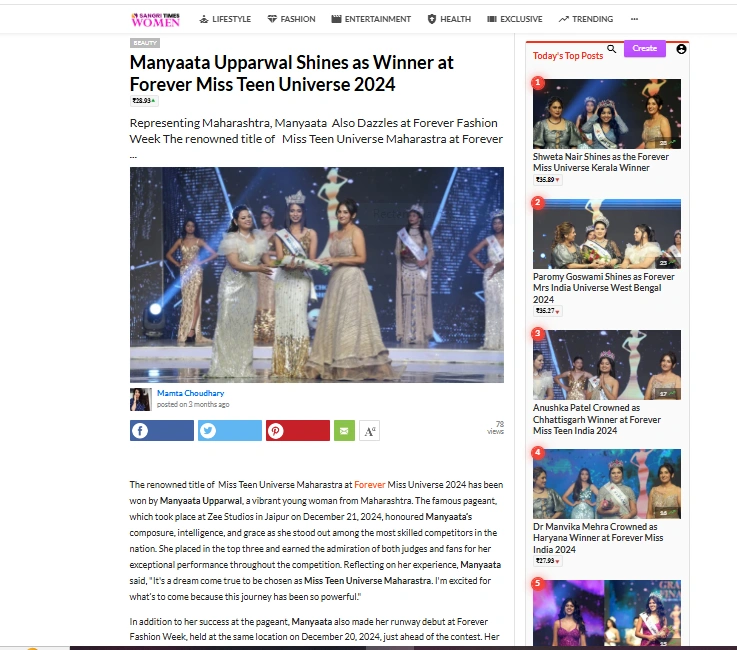Manyaata Upparwal Shines as Winner at Forever Miss Teen Universe 2024 | Sangri Times Women