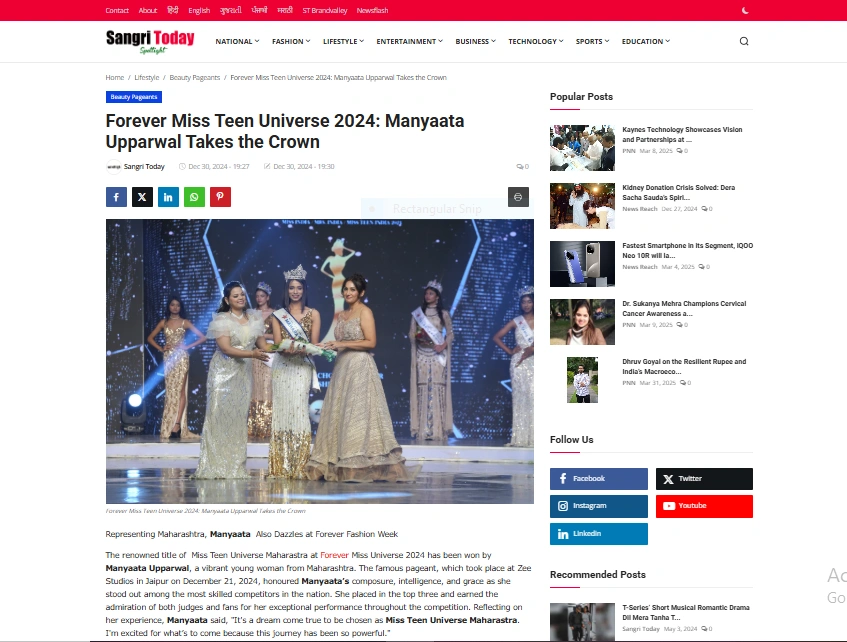 Forever Miss Teen Universe 2024: Manyaata Upparwal Takes the Crown - Sangri Today Spotlight 