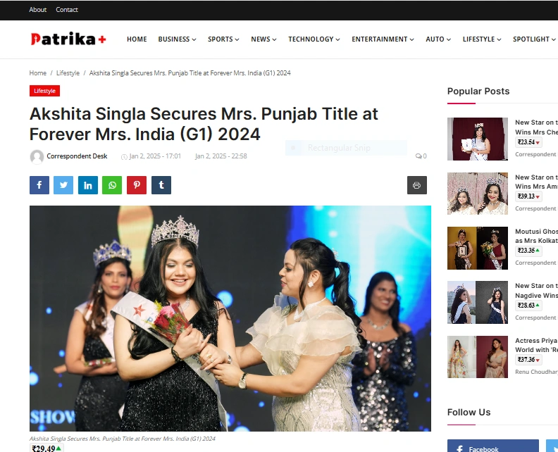 Akshita Singla Secures Mrs. Punjab Title at Forever Mrs. India (G1) 2024 - Patrika Plus