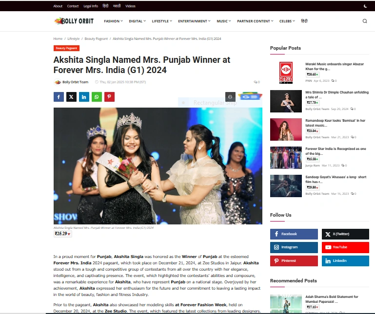 Akshita Singla Named Mrs. Punjab Winner at Forever Mrs. India (G1) 2024 - Bolly Orbit