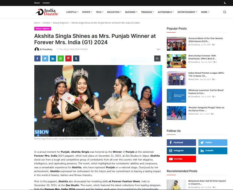 Akshita Singla Shines as Mrs. Punjab Winner at Forever Mrs. India (G1) 2024 - India Dazzle