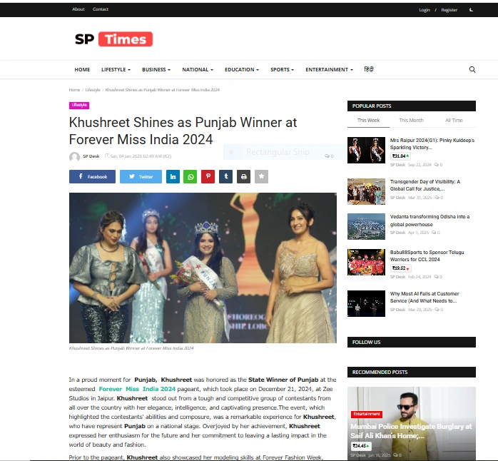 Khushreet Shines as Punjab Winner at Forever Miss India 2024 - SP Times