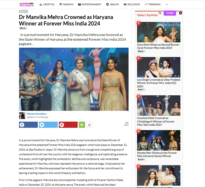 Dr Manvika Mehra Crowned as Haryana Winner at Forever Miss India 2024 | Sangri Times Women