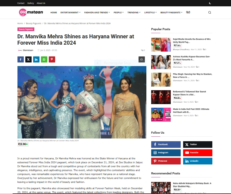 Dr. Manvika Mehra Shines as Haryana Winner at Forever Miss India 2024 - Glamstaan