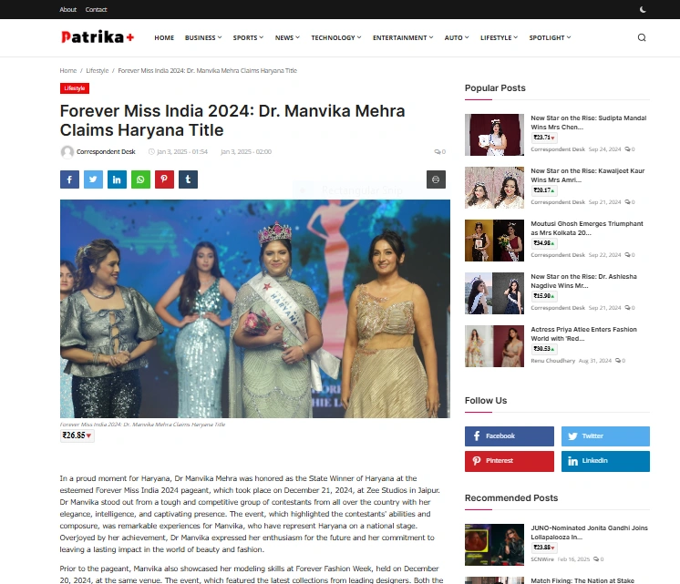 Forever Miss India 2024: Dr. Manvika Mehra Claims Haryana Title - Patrika Plus