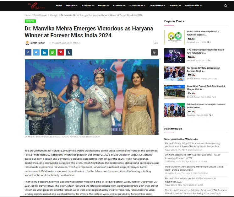 Dr. Manvika Mehra Emerges Victorious as Haryana Winner at Forever Miss India 2024 - The Bizz Stories