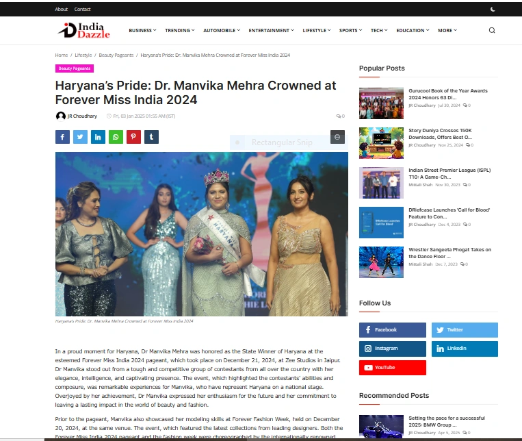 Haryana’s Pride: Dr. Manvika Mehra Crowned at Forever Miss India 2024 - India Dazzle