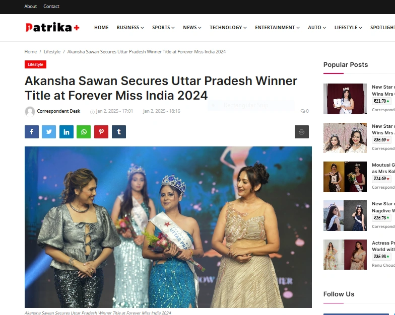 Akansha Sawan Secures Uttar Pradesh Winner Title at Forever Miss India 2024 - Patrika Plus