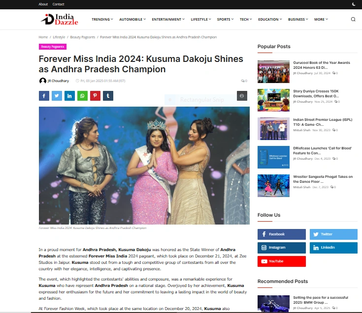 Forever Miss India 2024: Kusuma Dakoju Shines as Andhra Pradesh Champion - India Dazzle