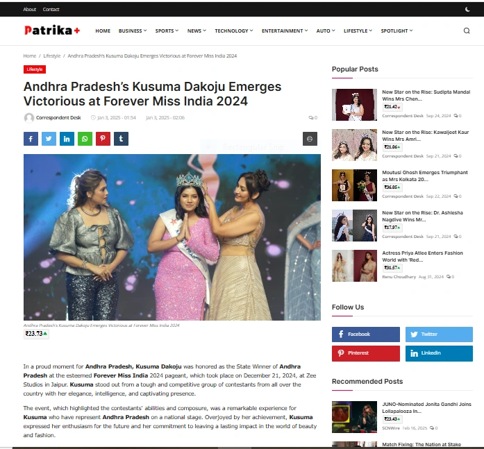 Andhra Pradesh’s Kusuma Dakoju Emerges Victorious at Forever Miss India 2024 - Patrika Plus