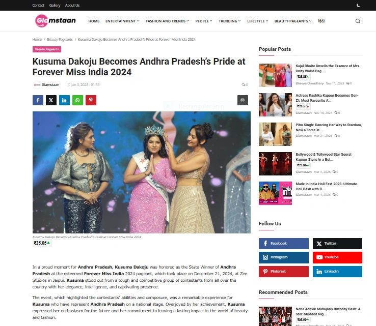 Kusuma Dakoju Becomes Andhra Pradesh’s Pride at Forever Miss India 2024 - Glamstaan