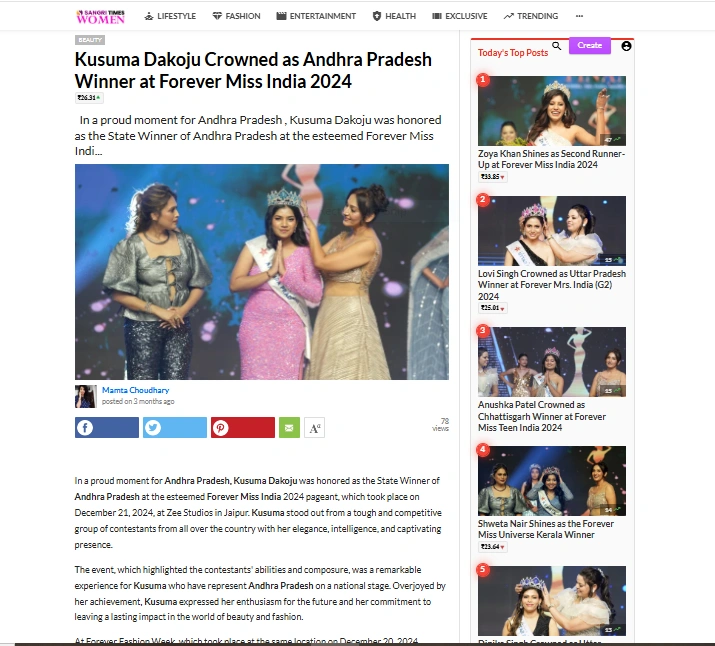 Kusuma Dakoju Crowned as Andhra Pradesh Winner at Forever Miss India 2024 | Sangri Times Women