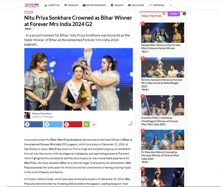 Nitu Priya Sonkhare  Crowned as Bihar Winner at Forever Mrs India 2024 G2 | Sangri Times Women
