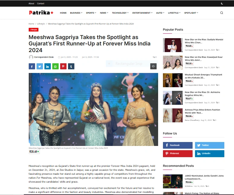 Meeshwa Sagpriya Takes the Spotlight as Gujarat’s First Runner-Up at Forever Miss India 2024 - Patrika Plus