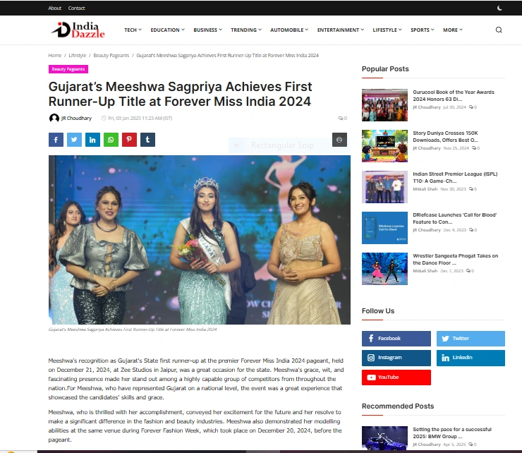 Gujarat’s Meeshwa Sagpriya Achieves First Runner-Up Title at Forever Miss India 2024 - India Dazzle