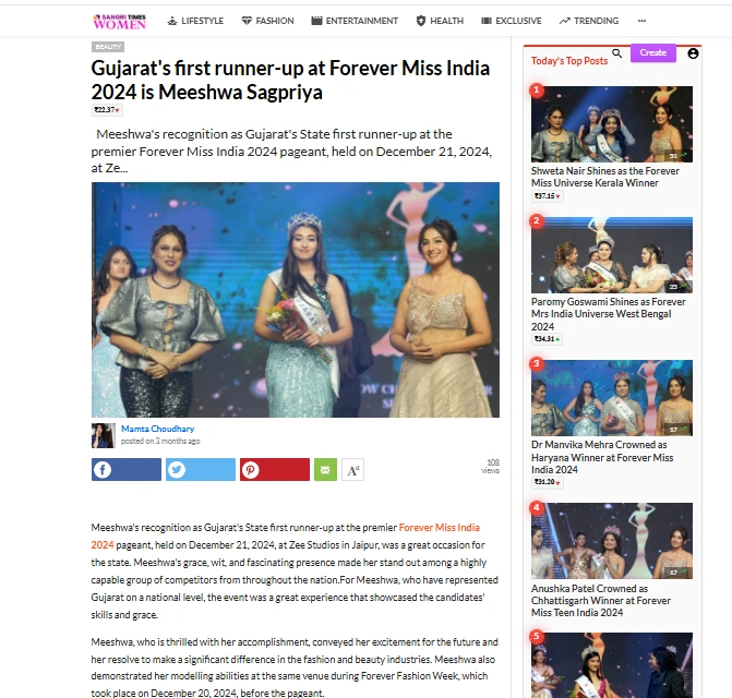 Gujarat's first runner-up at Forever Miss India 2024 is Meeshwa Sagpriya | Sangri Times Women