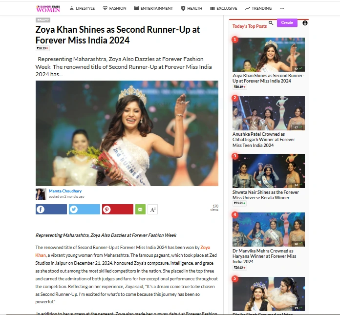 Zoya Khan Shines as Second Runner-Up at Forever Miss India 2024 | Sangri Times Women