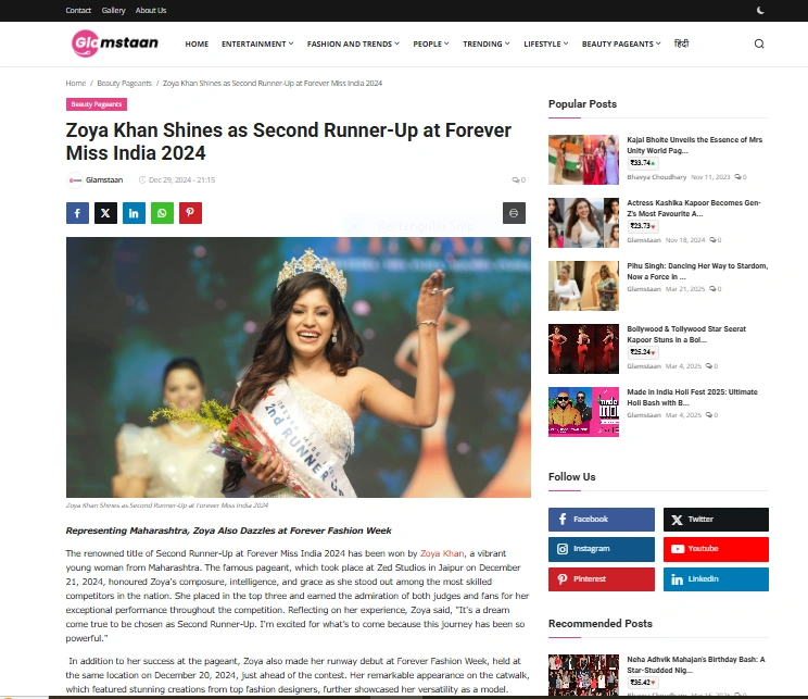 Zoya Khan Shines as Second Runner-Up at Forever Miss India 2024 - Glamstaan