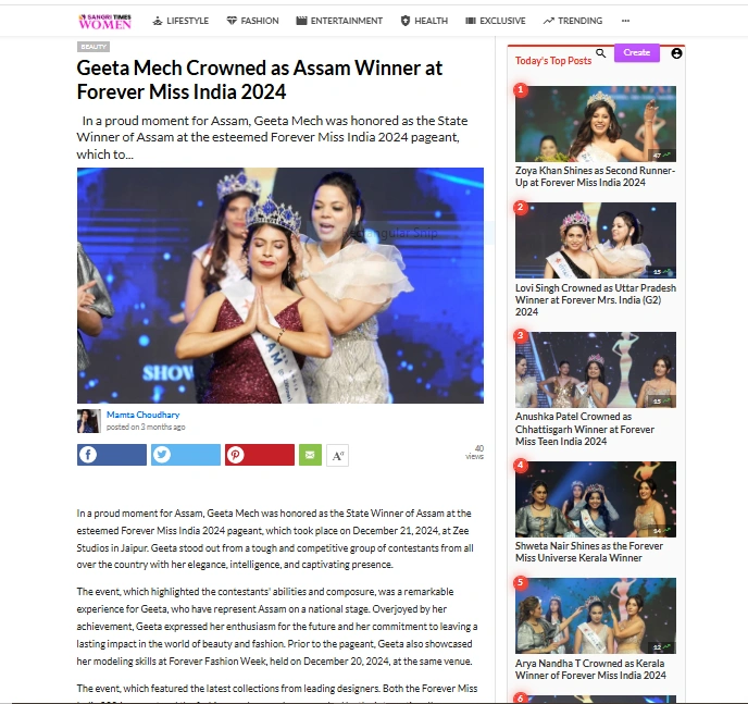 Geeta Mech Crowned as Assam Winner at Forever Miss India 2024 | Sangri Times Women