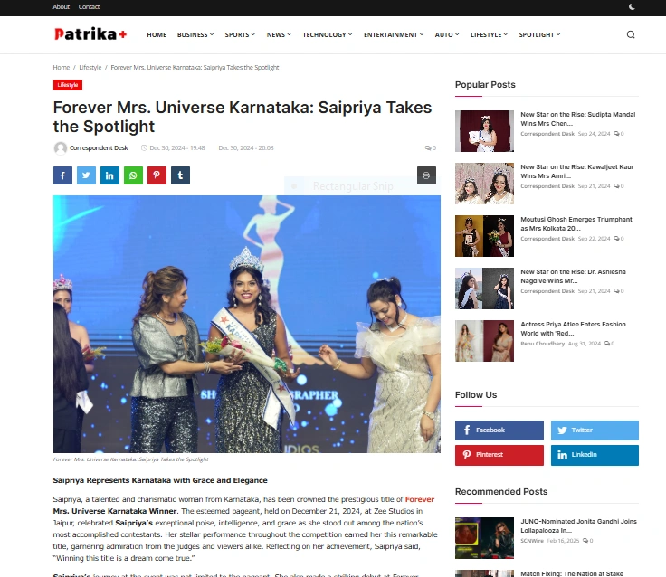 Forever Mrs. Universe Karnataka: Saipriya Takes the Spotlight - Patrika Plus