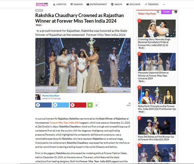 Rakshika Chaudhary Crowned as Rajasthan Winner at Forever Miss Teen India 2024 | Sangri Times Women