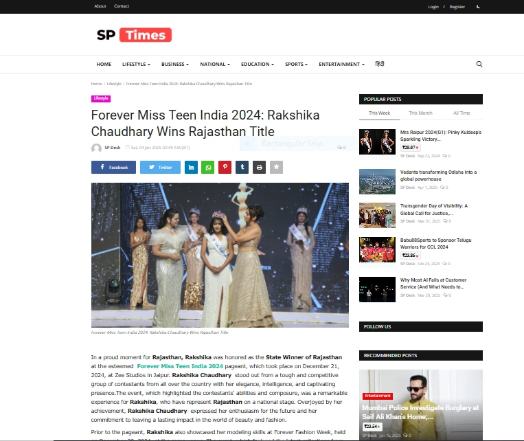 Forever Miss Teen India 2024: Rakshika Chaudhary Wins Rajasthan Title - SP Times