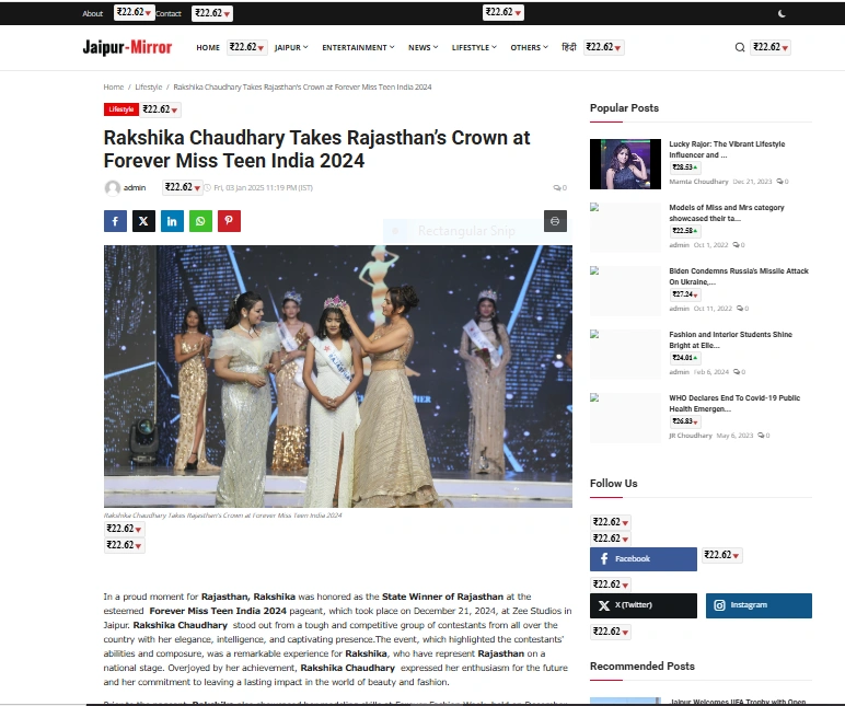 Rakshika Chaudhary Takes Rajasthan’s Crown at Forever Miss Teen India 2024 - Jaipur-Mirror