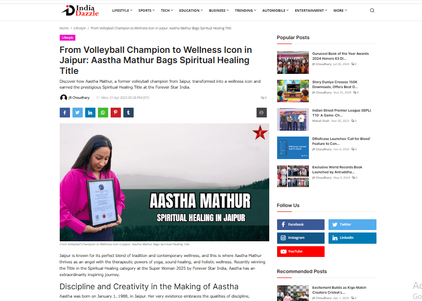 From Volleyball Champion to Wellness Icon in Jaipur: Aastha Mathur Bags Spiritual Healing Title - India Dazzle