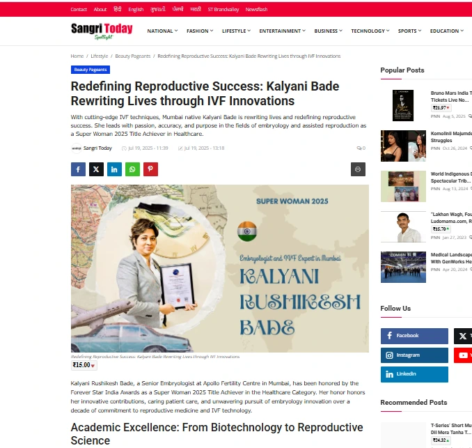 Redefining Reproductive Success: Kalyani Bade Rewriting Lives through IVF Innovations - Sangri Today Spotlight 